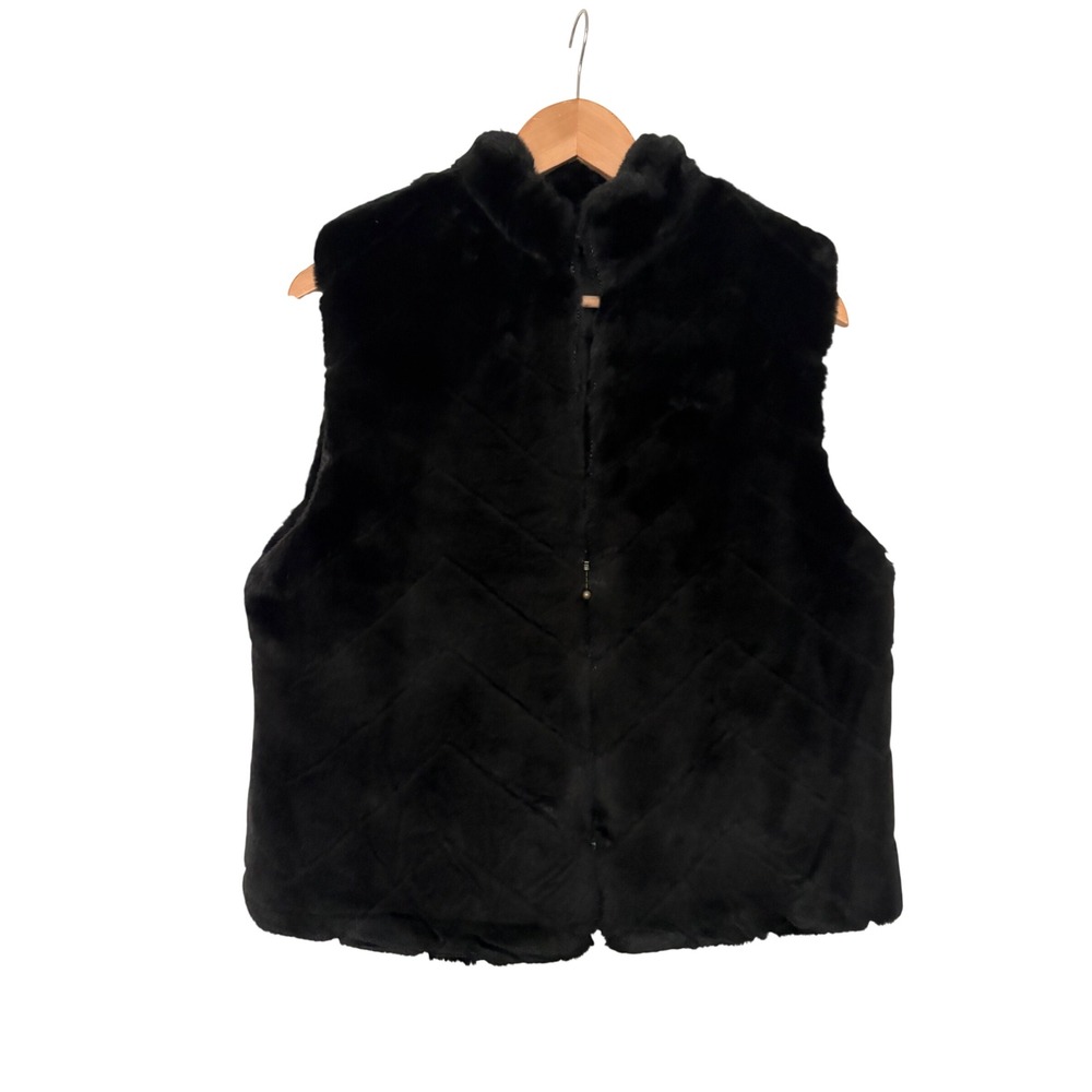 Preston & York 90's Y2K Black Faux Fur Vest Chevron Quilted Stand Collar Small